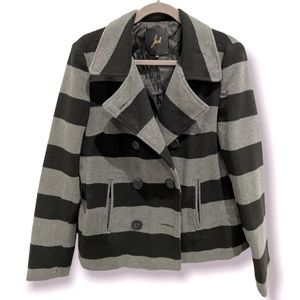Double Breasted Gray and Black striped Pea Coat SZ L NWOT